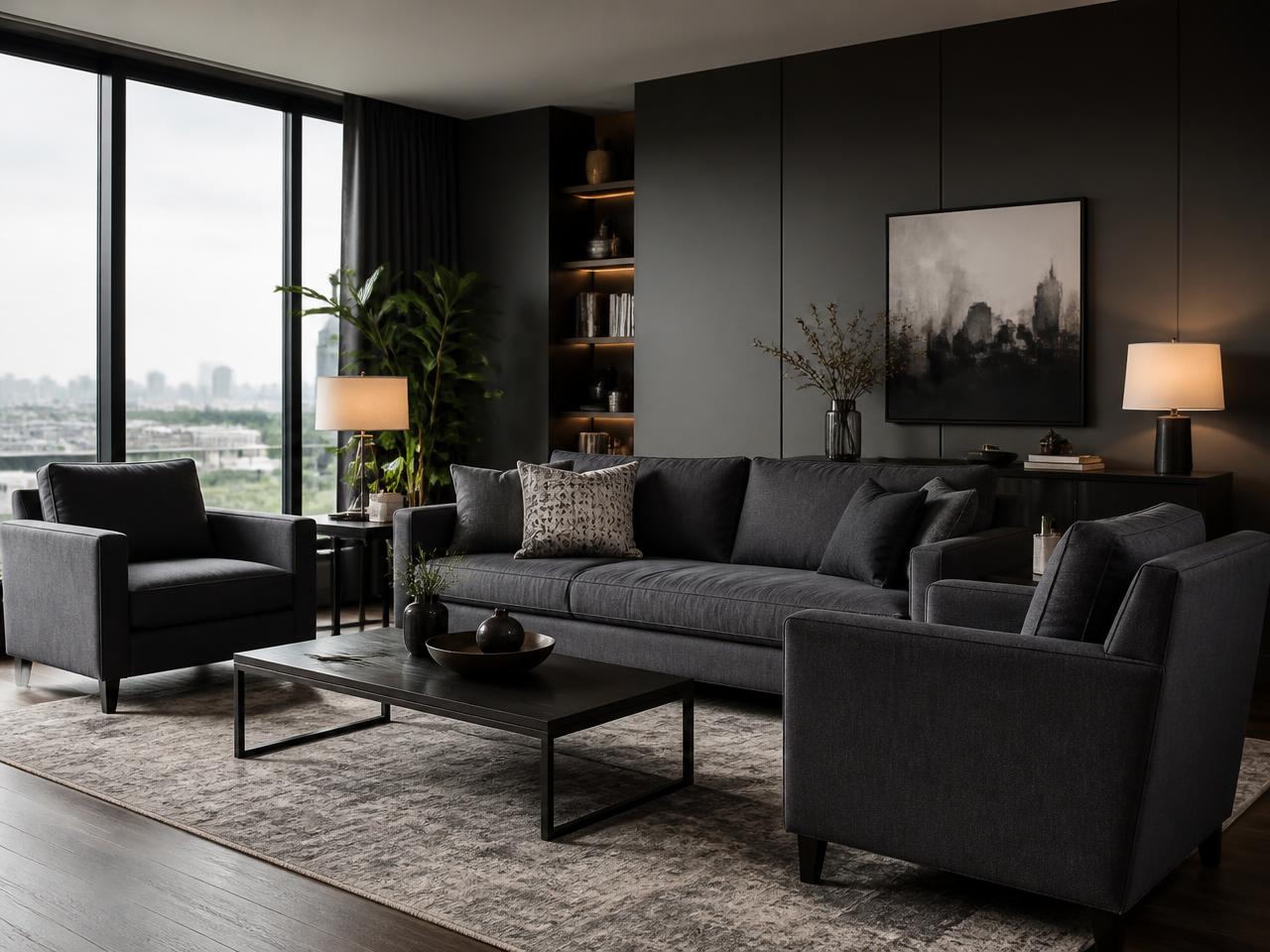 Living contemporáneo en tonos carbón