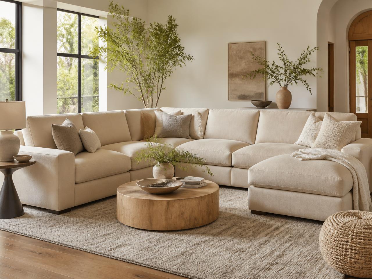 Living amplio con sofá modular color crudo